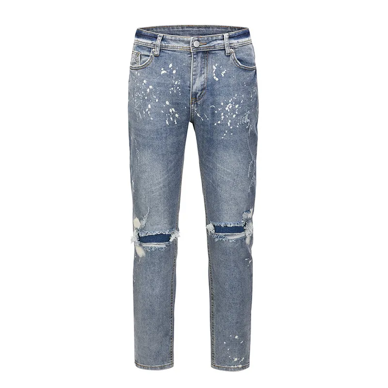High Street Hole Jeans Hommes Washed Destroy Oversize Casual Crayon Pantalon Rétro Droit Lâche Baggy Denim Pantalon