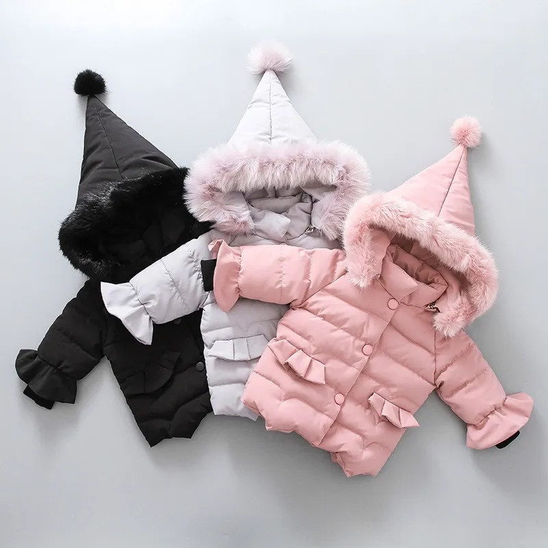 아기 소녀 재킷 키즈 여자 패션 코트 따뜻한 솔리드 모피 칼라 까마귀 겨울 소녀 옷 유아 의류 어린이 재킷 201104