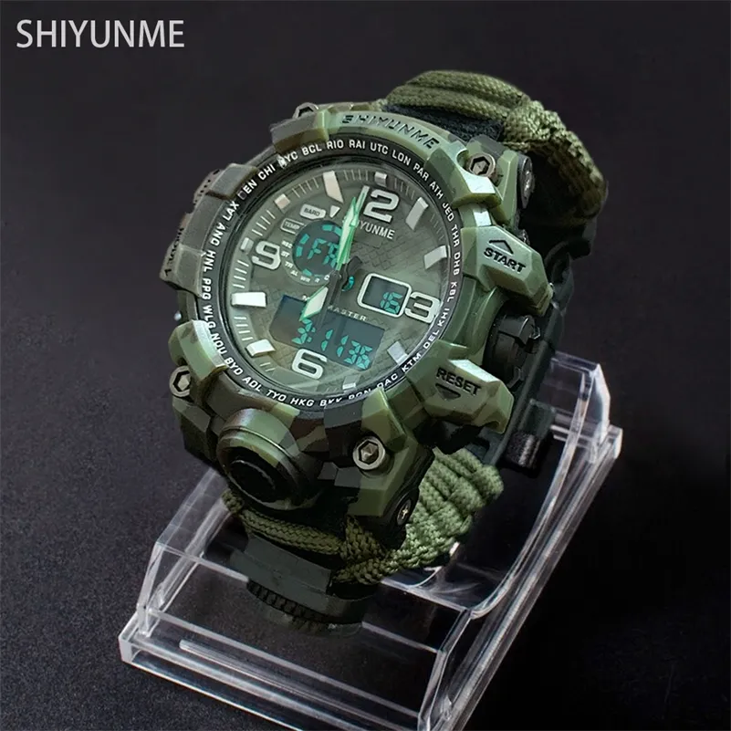 Mężczyźni Camouflage Wojskowy Zegarek 50 M Wodoodporny Zegarek Zegar Quartz Outdoor Sport Watch Compass Termometr Emergency Watch 201204