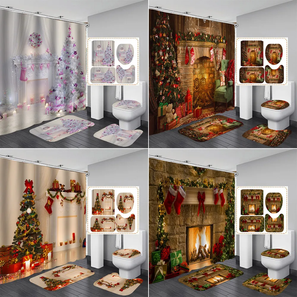 Weihnachtsbäume Kamin 3D Duschvorhang Badematten Toilettenteppiche Rutschfester Teppich Festival Dekor Frohe Weihnachten Badezimmer Set F1222