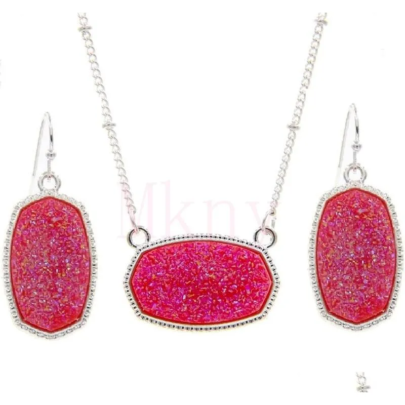 oval style resin drusy druzy silver necklace earings luxury designer jewelry set for women wedding party gift christmas