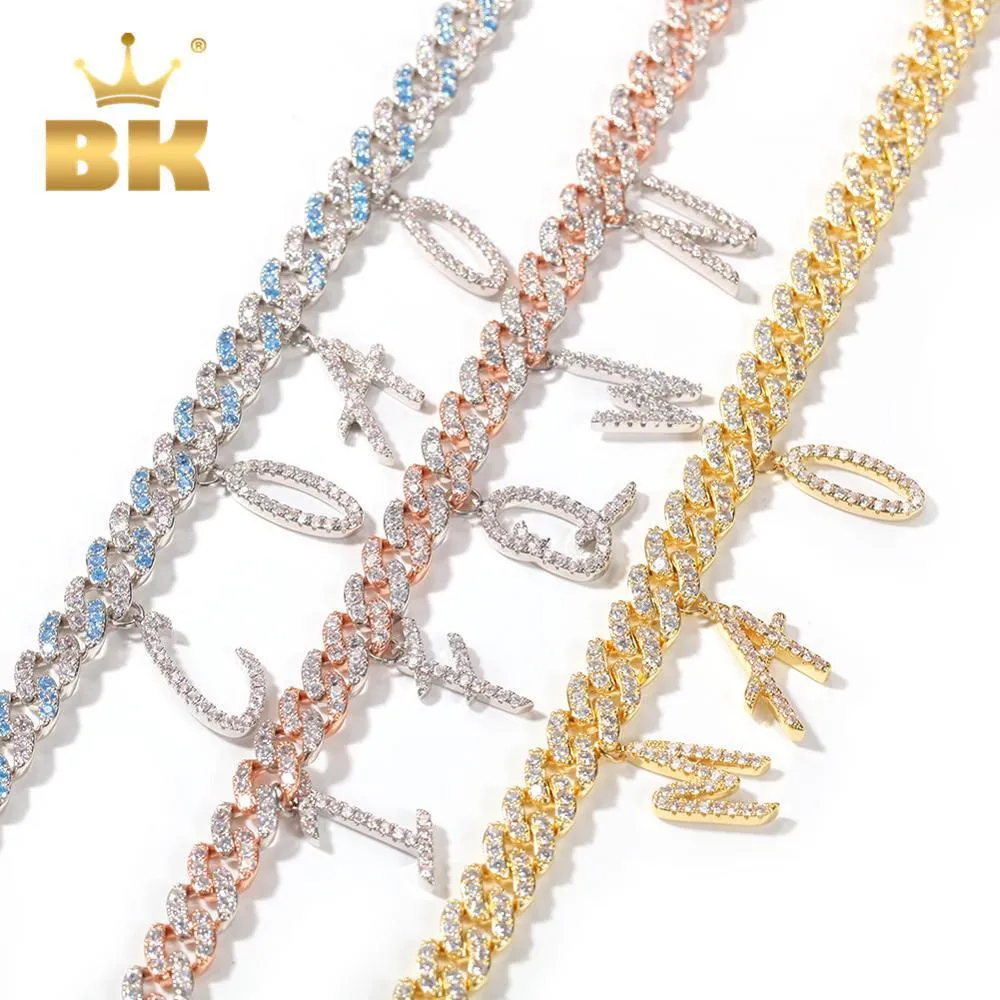 THE BLING KING 9mm Width Cuban Chain With Alphabet Pendant DIY Blue Stones Chain Female Jewelry X0509