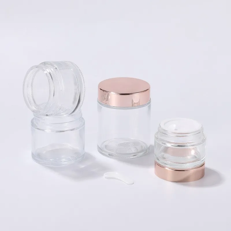 Frosted Glass Cream Jar Clear Cosmetic Bottle Lotion Lip Balm Container With Rose Gold Lid 5G 10G 30G 50G 100G Packing Bottles DH8455