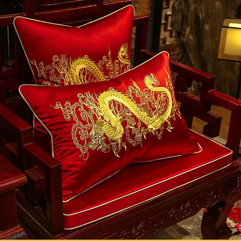 Luxe borduurwerk Etnische Chinese Dragon Back Kussen Lumbale Kussen Luxe Sofa Dining Stoel Fauteuil Taille Rugleuning Kussensloop