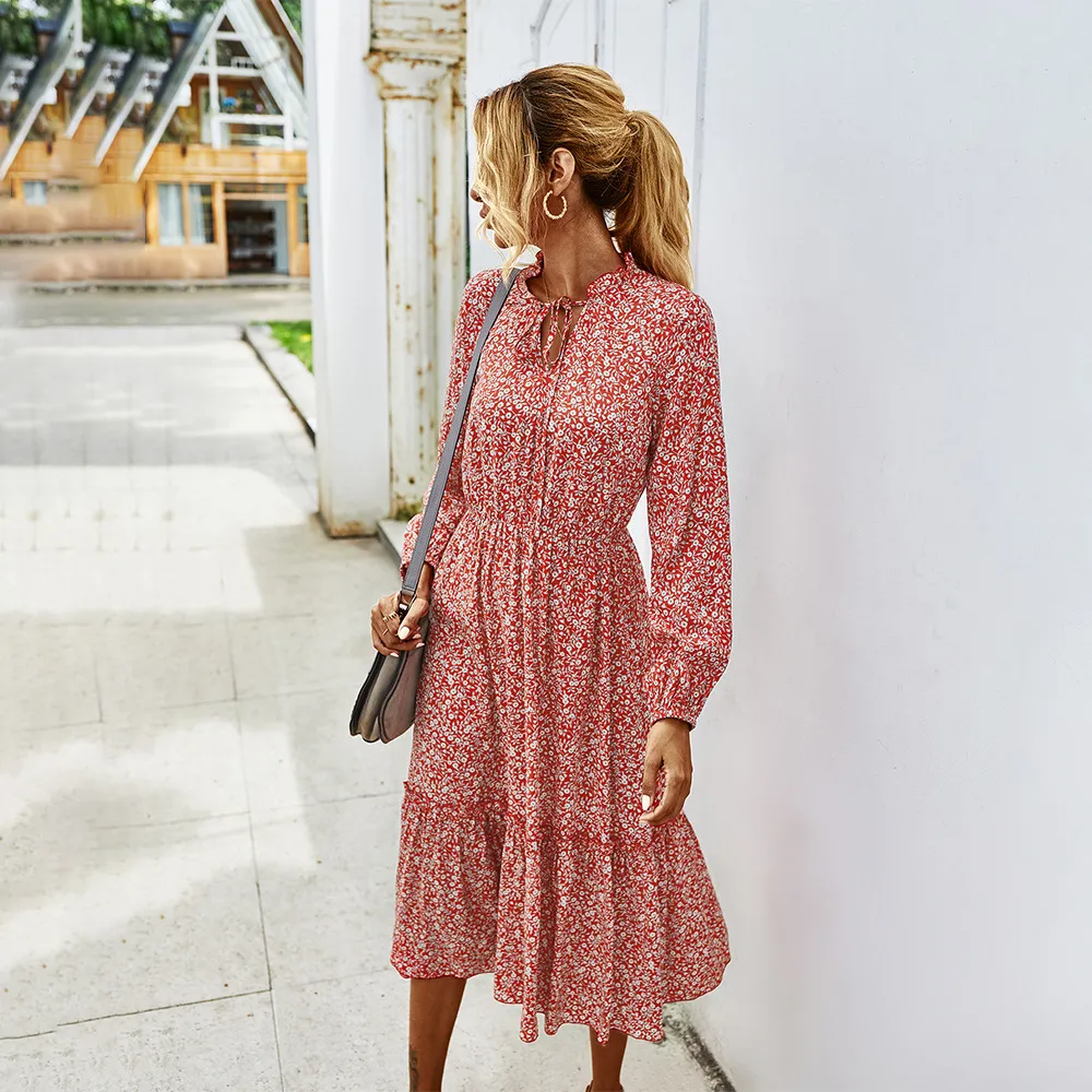 Green Flower Long Sleeve Long Sleeve Floral Dress For Women