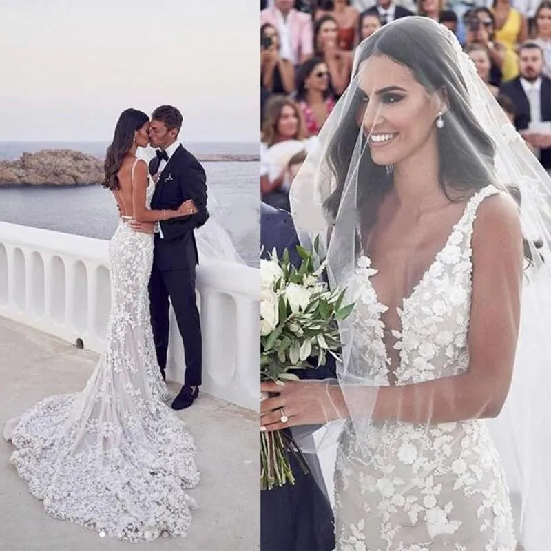 Steven Khalil Bohemian Lace Mermaid Bröllopsklänningar för Bride 2022 Sexig Plungning V-Neck Spaghetti Straps Baklösa Lång Bröllopsklänningar Boho Beach Vestidos