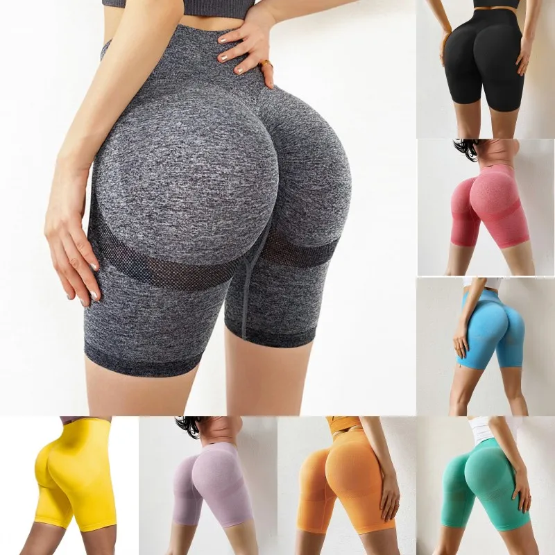 Kvinnor Biker Shorts Hög midja Yoga Scrunch Butt Ruched Lifting Bottoms Tummy Control Snabb torr Gul Red Blue Sports Pant 231 H1