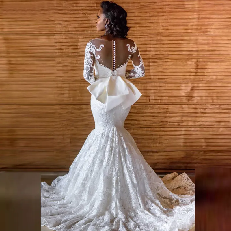 African Lace Mermaid Wedding Dresses 2024 Bridal Gown Long Sleeve Bow Back
