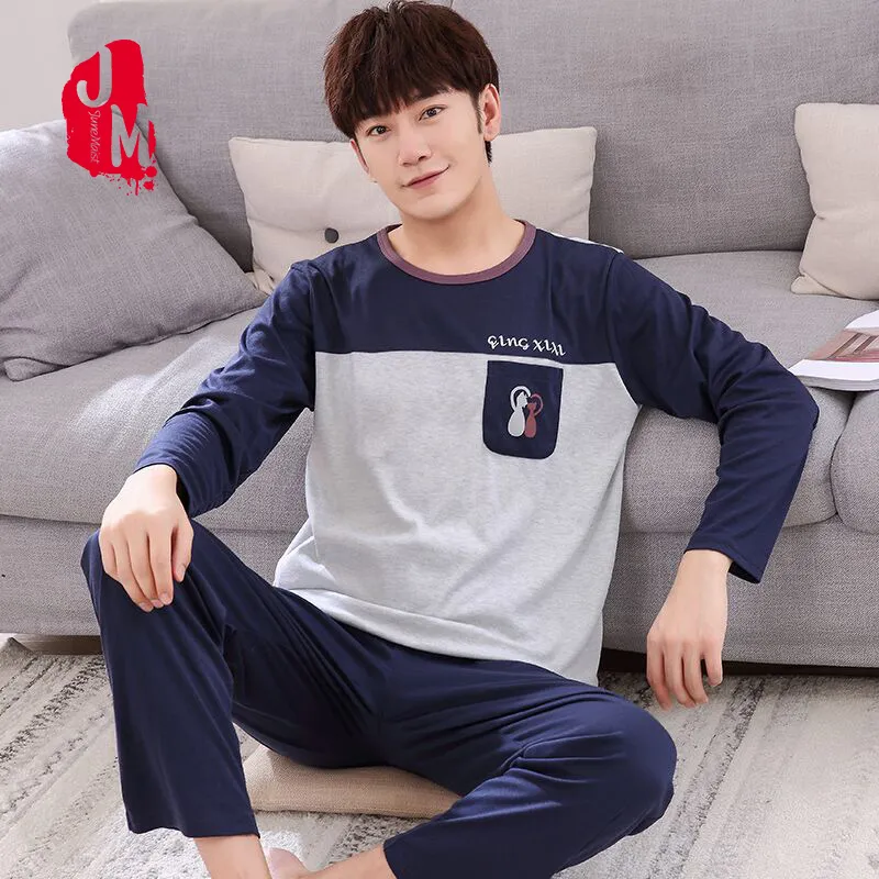 Winter Autumn Mens Pajamas 100 Cotton Letter Striped Cartoon Pajama Set Long sleeve Casual Men Pyjamas Plus Size L XXXXL Pijama LJ201113