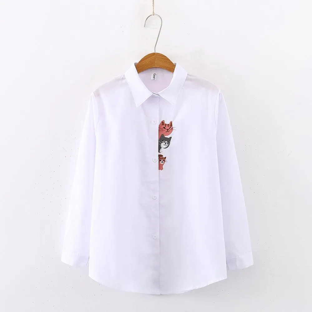 White Cat Embroidered Cute Button Up Shirts With Turn Down Collar