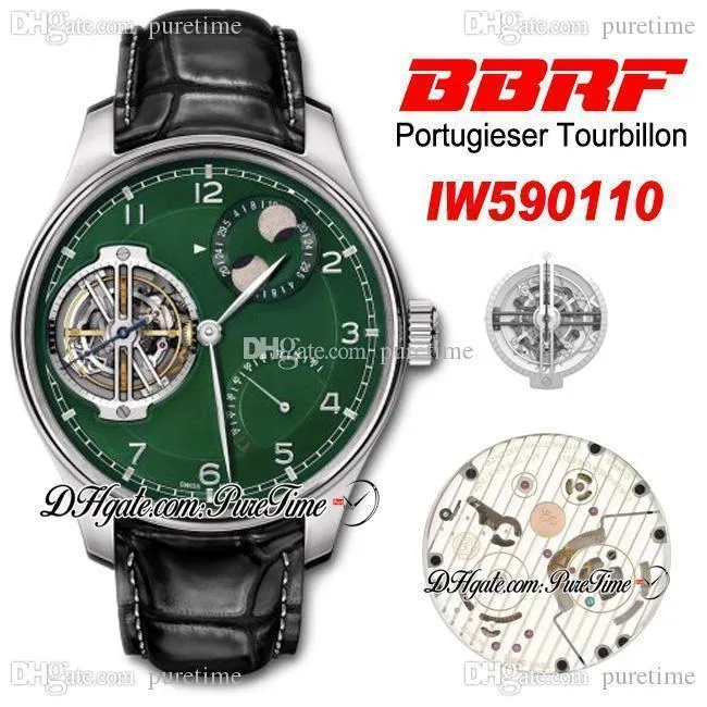 BBRF 상수 - 포스 tourbillon 590110 150 주년 기념 특별판 녹색 다이얼 달 Phase A94850 자동 망 시계 가죽 퓨터