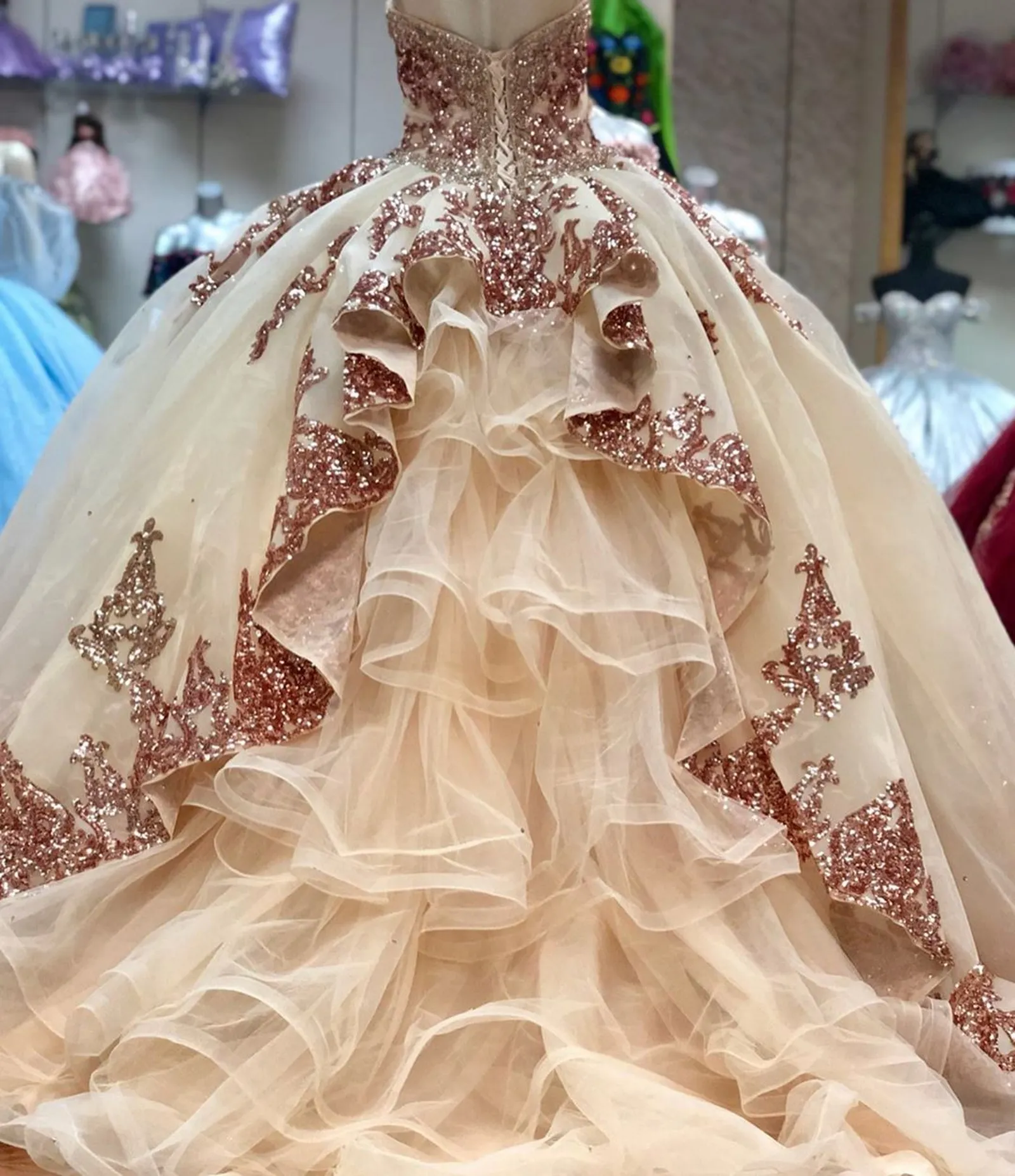 Блестящее бальное платье цвета розового золота, платья Quinceanera, длинные рукава, с открытыми плечами, блестки, аппликация, платье Sweet 16, вечерняя одежда276l