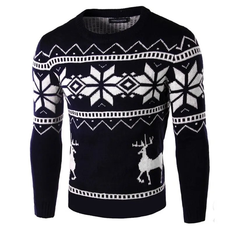 E-Baihui 2021 Höst och vinter Mäns Rund Neck Sweater Casual Tights Christmas Snowflake Elk Print Pullover AFII-Myahob