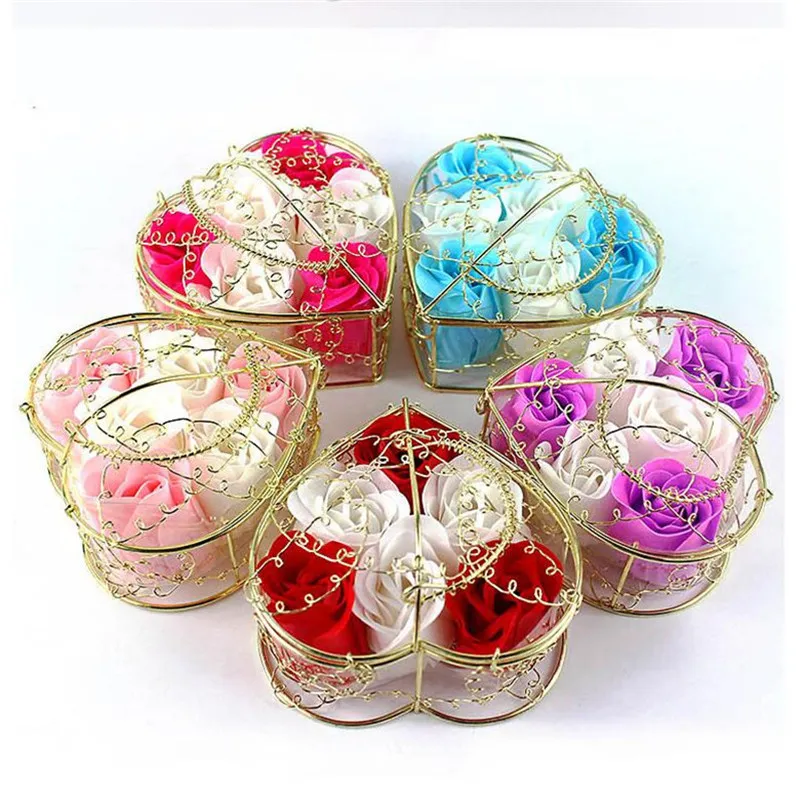 6pcs Artificial Rose Soap Flower Petal with Iron Basket Birthday Valentine Mothers Day Wedding Gift Rose Flowers