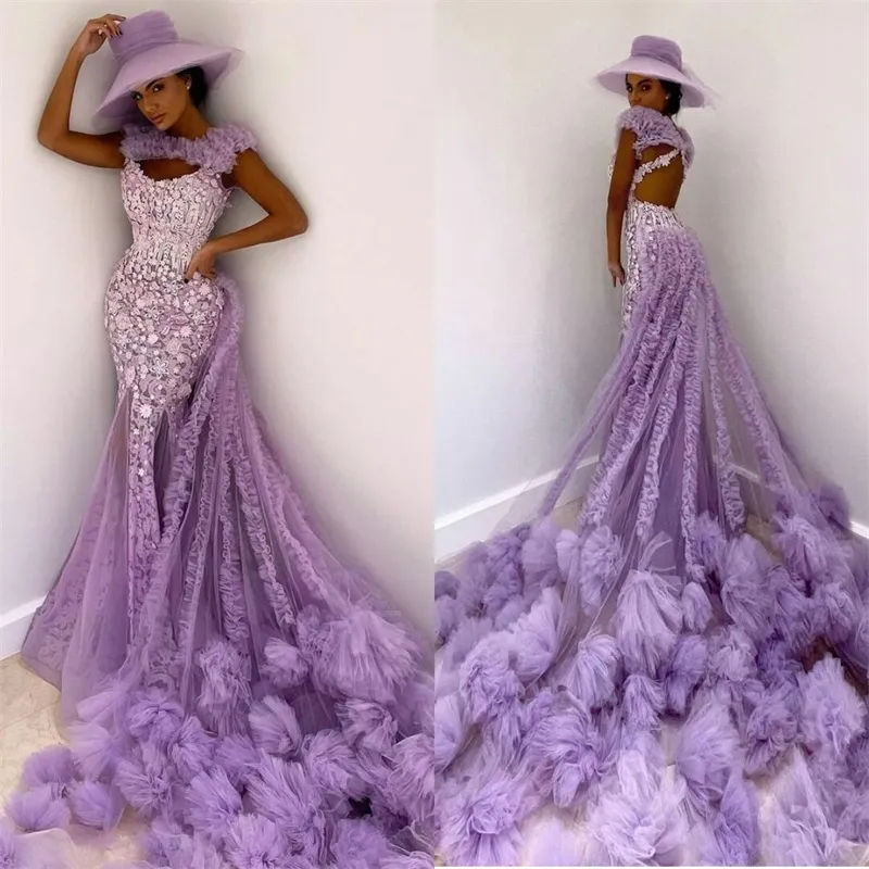 Purple Mermaid Prom Dress Chic Ruffles Tulle Appliqued Lace Evening Dresses Sweep Pociąg Seksowna Backless Party Dress Custom Made Robe de Soiree