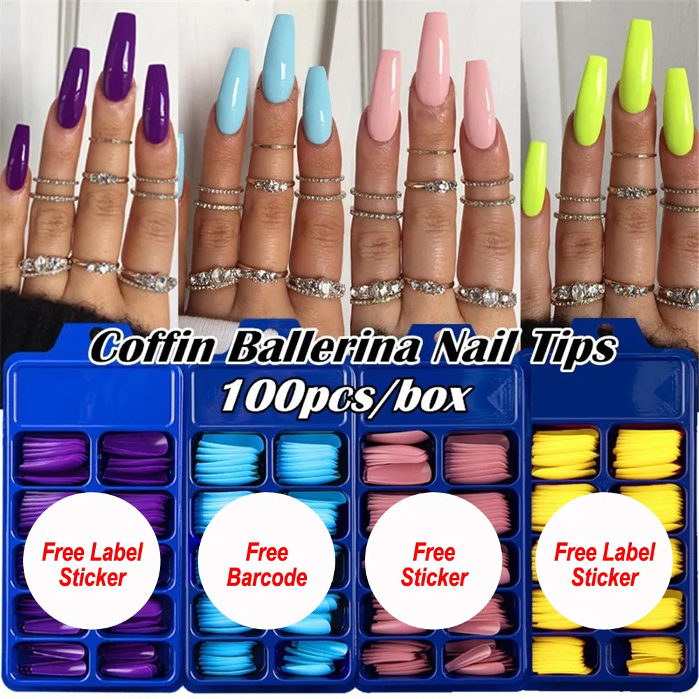 Naf009 100pcs Partihandel Pris Lång kista Tryck på Nails Candy Color Full Cover Acrylic Nail Tips Ballerina Fake Nails Tillbehör