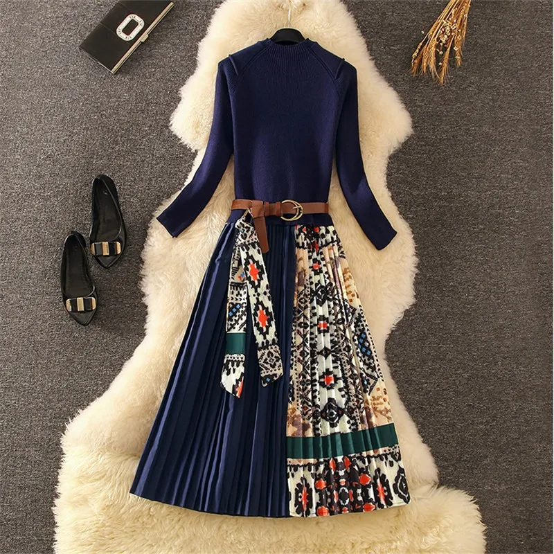 Retro Print Pleated Dress Women Elegant Knitted Patchwork Long Midi Dress Autumn Winter Long Sleeve Vintage Belt Sashes A100 F1215