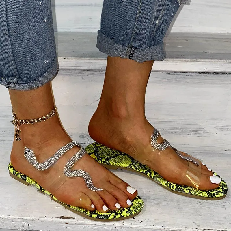 Slippers 2021 New Brand Snake-shaped Rhinestone Sandals Slipper Women Flat-bottom Beach Flip Flops Plus Size Us 4-11