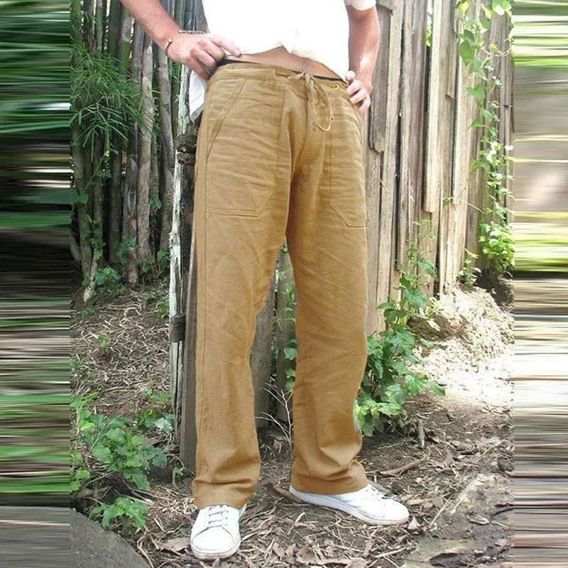 Pantalon décontracté en chanvre pour hommes Poches vintage Lin Lâche Pantalon droit Plage Yoga Gym Cordon Baggy Pantalon Soild Couleur Plus Taille 201110