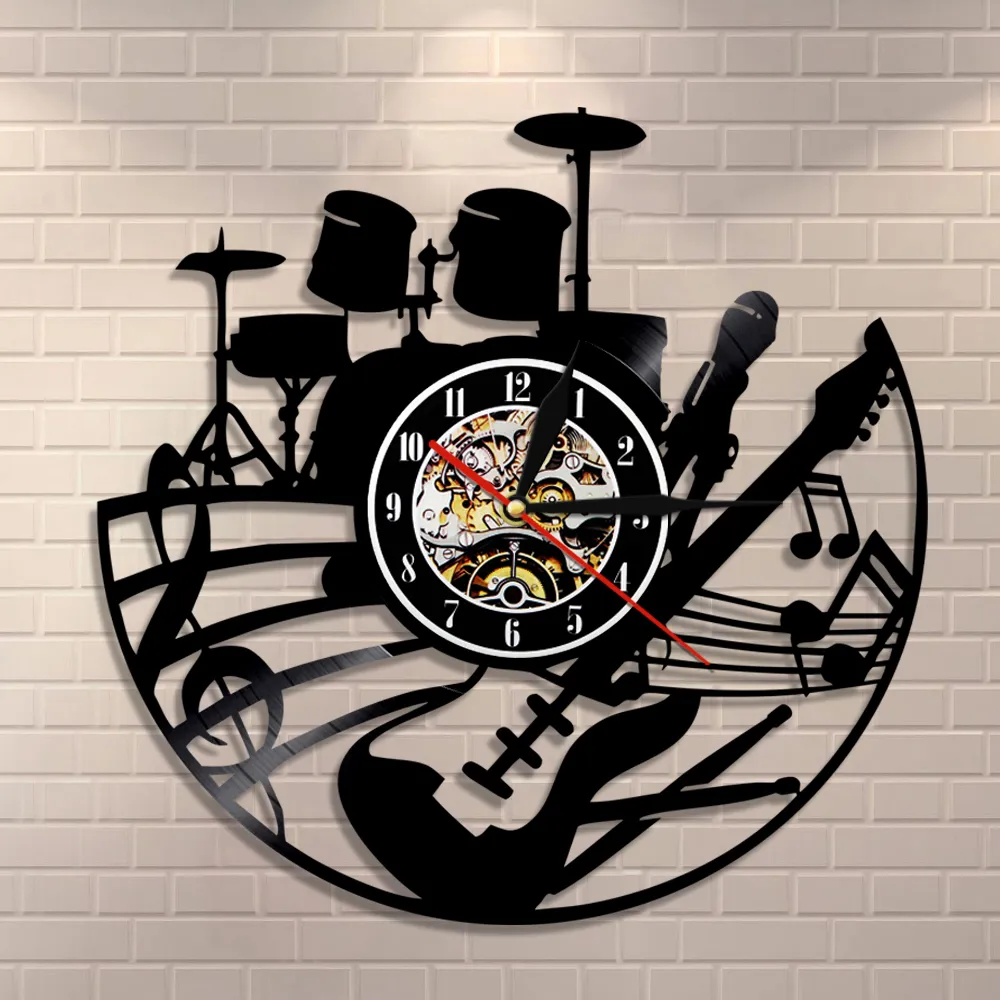 Kits de guitare et de batterie Horloge murale Joueur de guitare Musique Disque vinyle Horloge Rock Instrument de musique Guitare Wall Art Rock n Rock Gift 201118