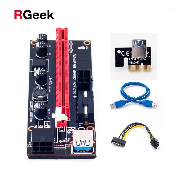 6PCS / LOT 009S Risers PCIe PCI-E PCI Express Riser Card 1X 4x 16x USB 3.0 Dual 6PIN Câble de données pour BTC Miner avec 2 LEDs1