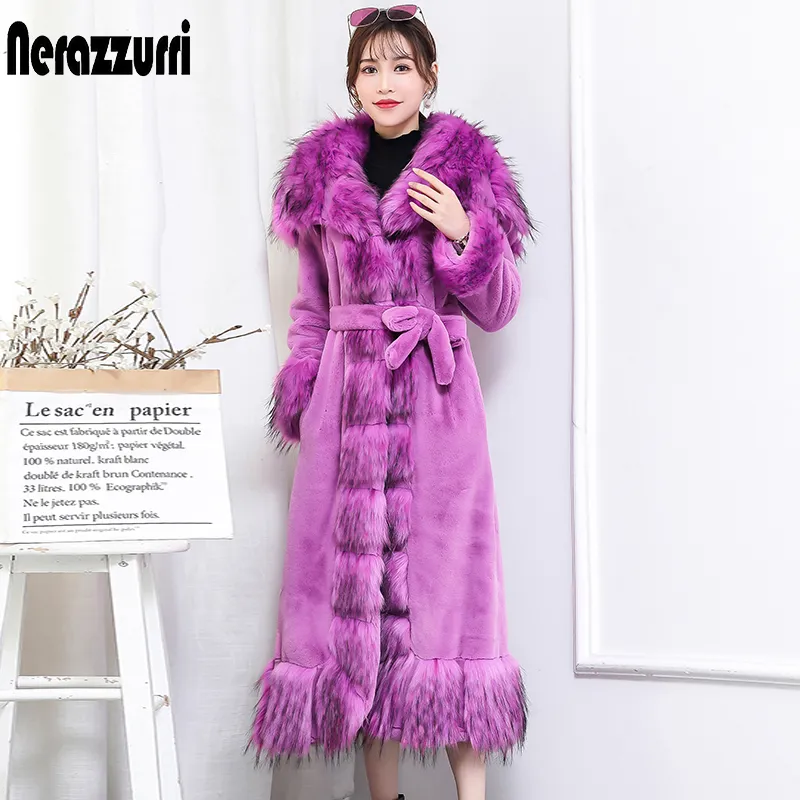 Nerazzurri Plus Size Long Faux Fur Casacos para mulheres 4xl 5xl 6xl 7xl espessura quente roxo roxo preto falso casaco de pele com raposa trim 201212