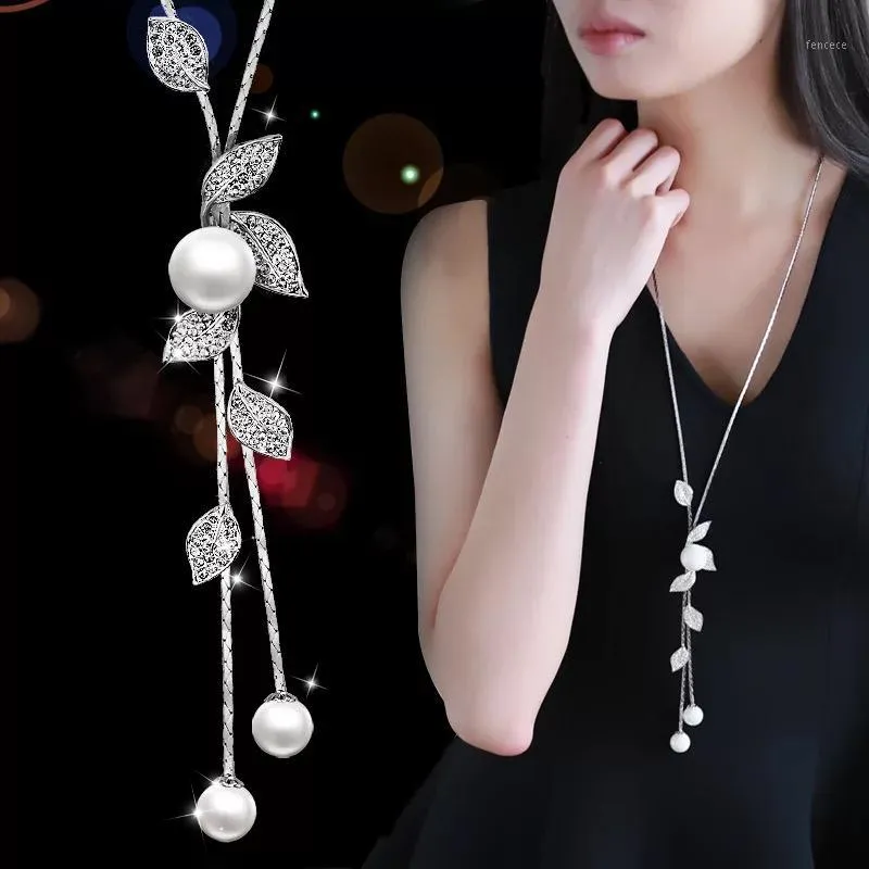 Anhänger Halsketten Meyfflin Collier Femme Simulierte Perle Lange Halskette Mode Frauen Kristall Schneeflocke Schmuck Kette Bijoux Geschenke1