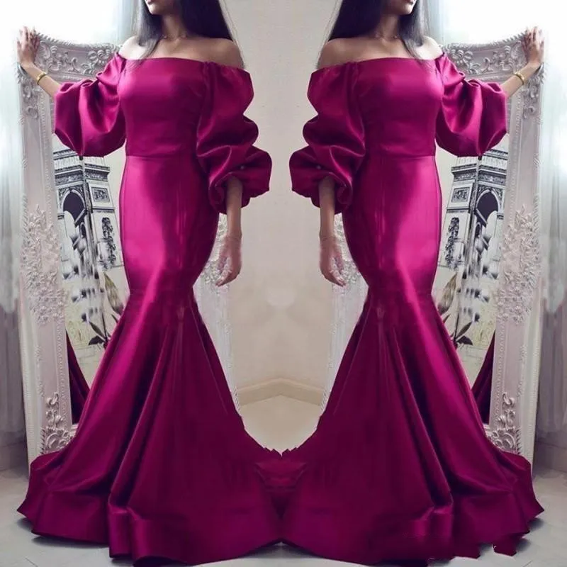 Elegant Fuchsia Mermaid Prom Klänningar Av Skulder Långärmad Satin Kvällar Party Klänning Formell Klänning Kväll Wear Vestidos