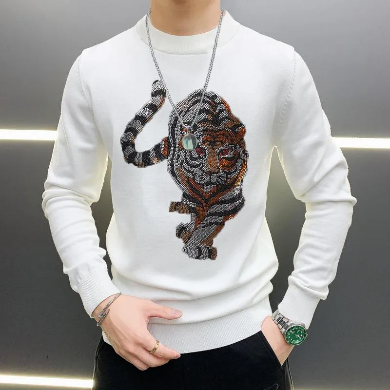 2021 Hot Anti-Wrinkle Fashion Men's Sweater Rhinestone Shining Tiger Exquisite Pullover Personlighet