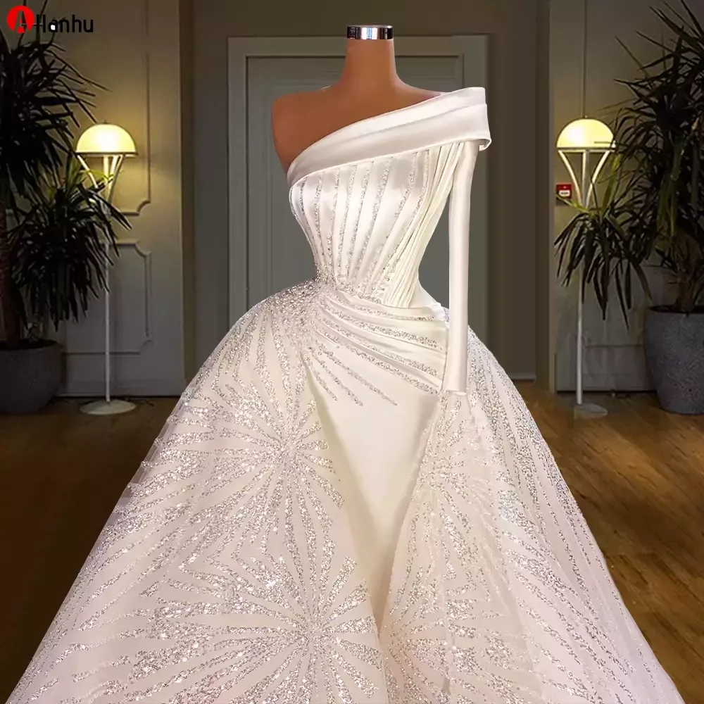 NY! Luxury Beading Mermaid Bröllopsklänningar Brudklänningar med avtagbar tåg One Shoulder Långärmad Robe de Soirée Mariage