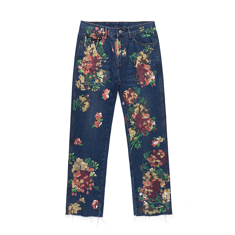 Hand Painted Floral High Street Flower Jeans For Men Oversized