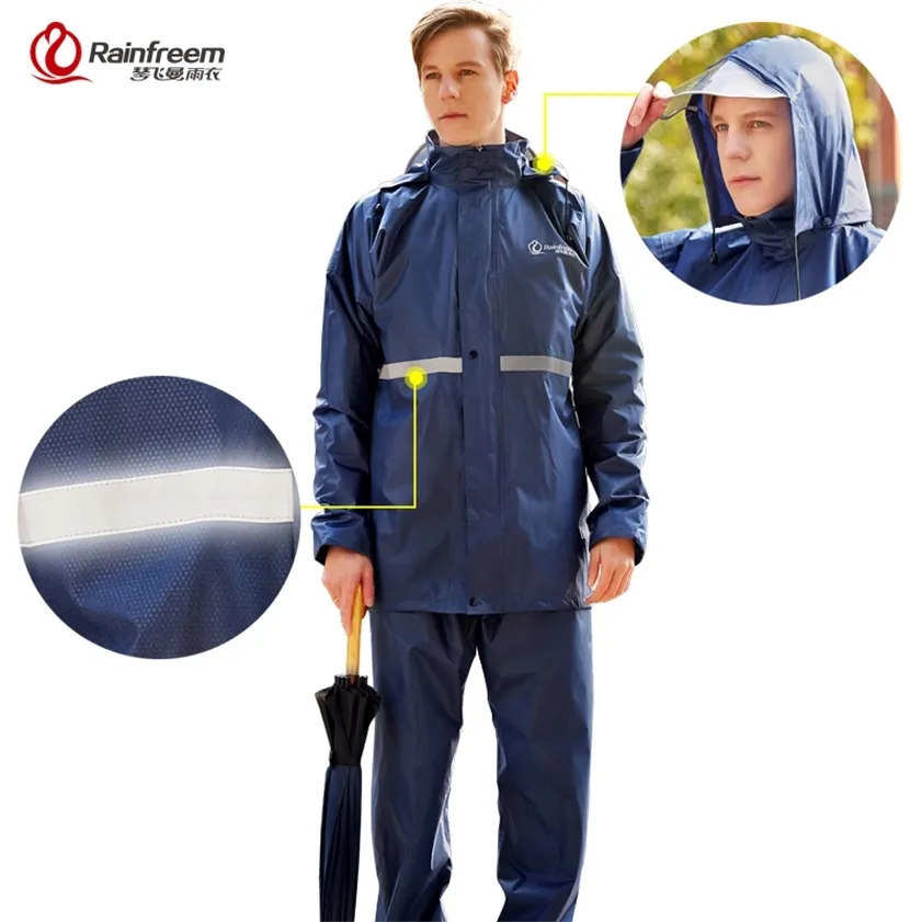 Rainfreem Raincoat Suit 불 투과성 여성 / 남성 후드 오토바이 Poncho S-6XL 하이킹 낚시 비 기어 220217