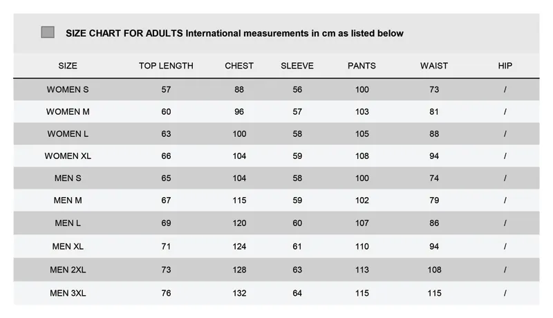 Size Chart For Adults