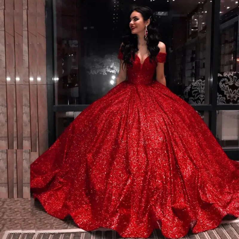 Gorgeous Puffy Evening Dress, Sparkly Red Wedding Dress, Red Carpet Dress,  Puffy Ball Gown, Custom Made Bridal Gown - Etsy | Red glitter dress, Ball  gowns, Off shoulder wedding dress