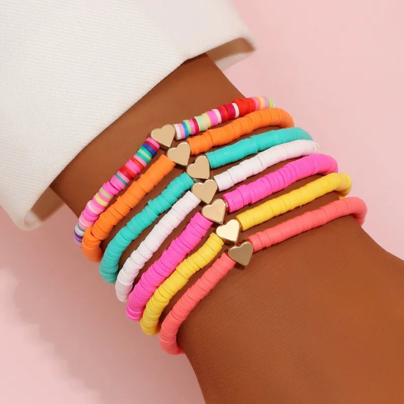 Small Gold Alloy Heart Charm Bracelets Colorful Polymer Clay Vinyl Heishi Disc Strands Stretch Bracelet Jewelry Wholesale 7pcs/set