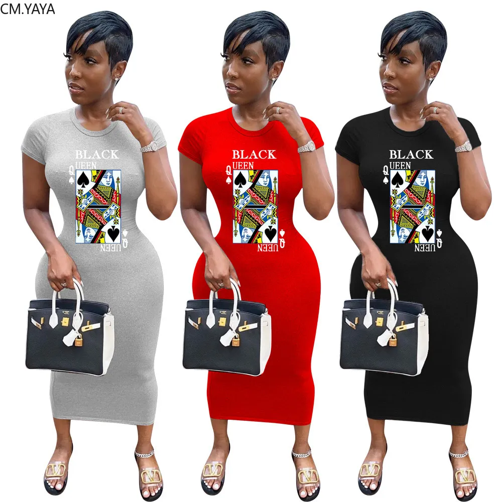 Cm.yaya kvinnor svart drottning spade q tryck bodycon midi maxi t-shirt klänning streetwear mode långa penna klänningar vestidos f1130
