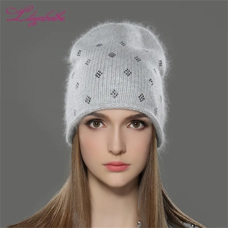 LILIYABAIHE Femmes Automne et hiver Chapeau Angora Tricoté Skullies Bonnets Cap Classique Couleur Diamant Décoration Chapeaux pour Filles Y201024