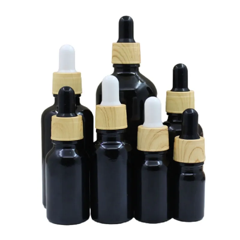 Empty False Wood Plastic Lid Shiny Black Glass Bottle Cosmetic Packaging Refillable Containers Essential Oil Rubber Dropper Vials 5ml 10ml 15ml 20ml 30ml 50ml 100ml