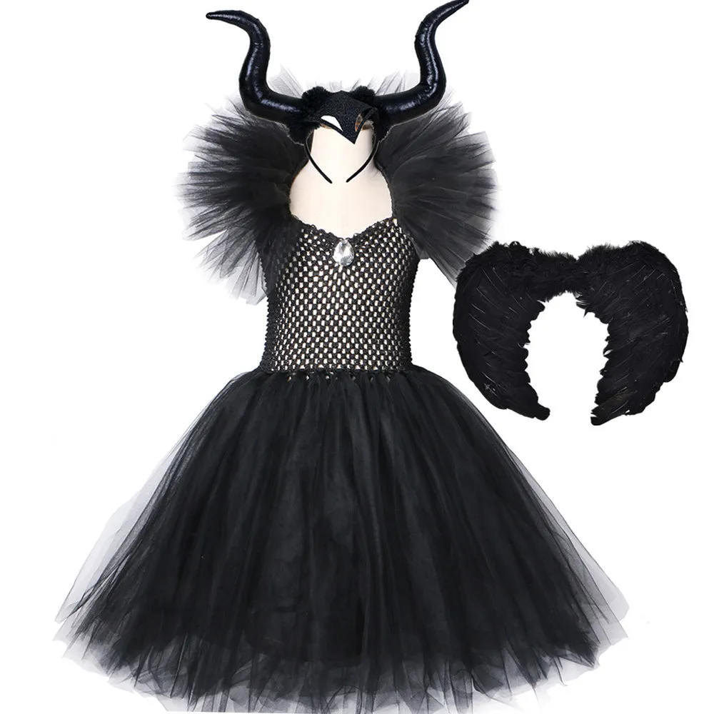 Maléfique Cosdress Enfants Halloween Malin Fessen Cos Robe Fille Noire Gaze Jupe Pas Cher Stock Livraison Gratuite