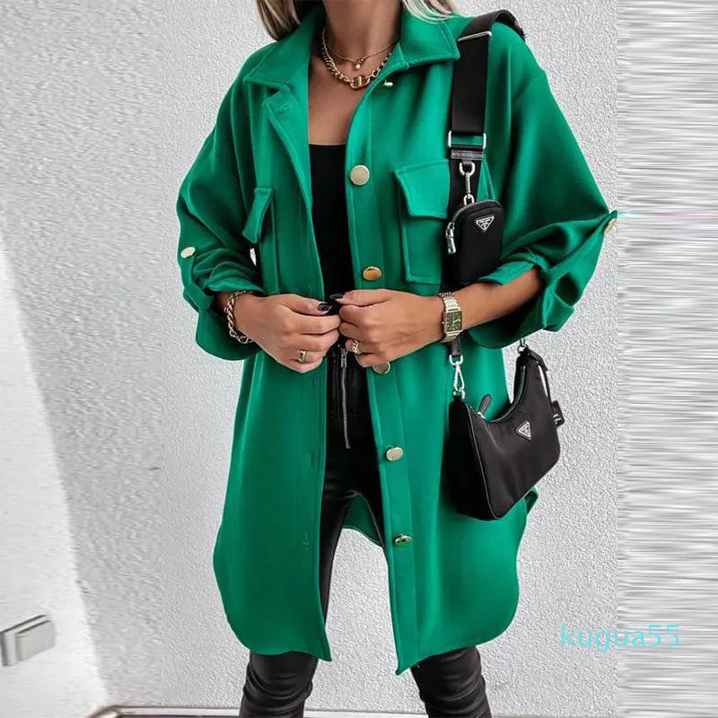 Damesjassen Groene Losse Zak Mid-Length Shirt Jas Herfst Single Breasted Lantern Sleeve Jassen Dames Turn-Down Collar Casual Overjas