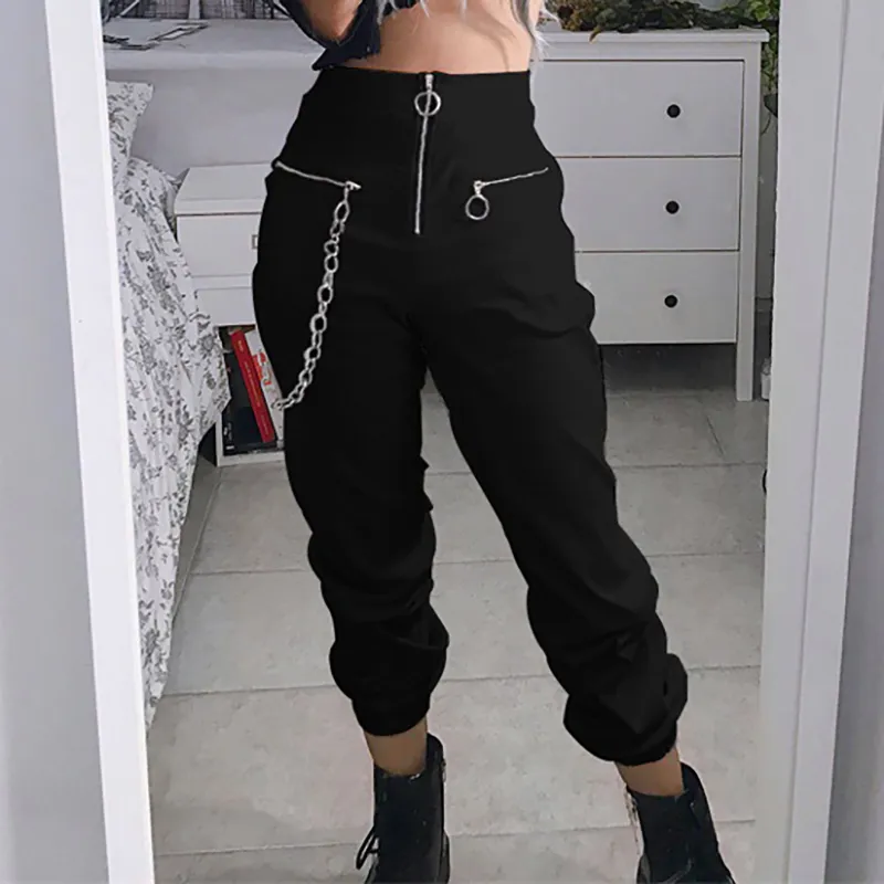 femmes zipper streetwear gothique harajuku sarouel décontracté avec chaîne solide pantalon noir cool mode hip hop pantalon long capris T200324