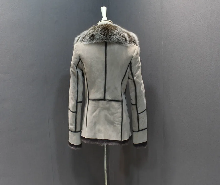 100% genuine sheepskin leather with fur coat slim with fox fur collar (13)