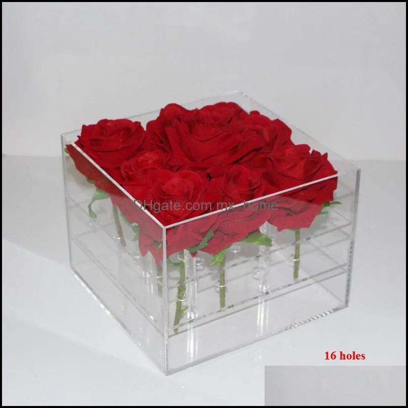 Luxury 16 Holes Clear Plastic Gift Acrylic Rose Flower Box With Lid Valentine Gift Box handmade acrylic