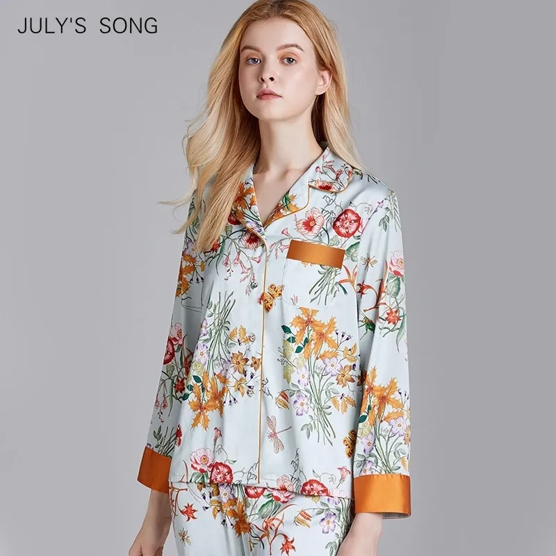 JULY'S SONG Faux Soie Satin Pyjama Ensemble 2 Pièce Femmes Printemps Fleur Plante Impression À Manches Longues Vêtements De Nuit Pyjama Costume Home wear Y200708