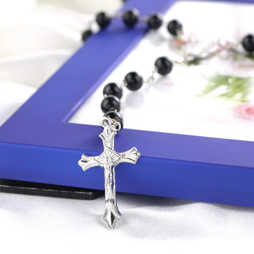 Mens Beckham Cross Pendant Black Rosary Beads Necklace