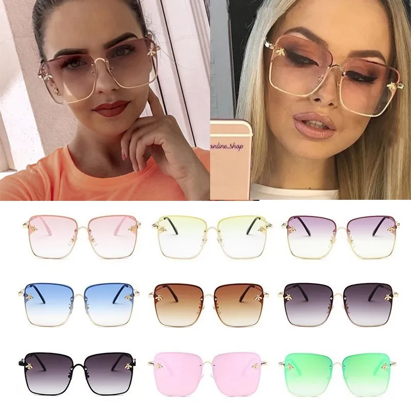 Wholesale Retro Square Bee Sunglasses Women Brand Designer Metal Oversized Sun Glasses Fashion Men Gradient Shades UV400 Bulk J1211