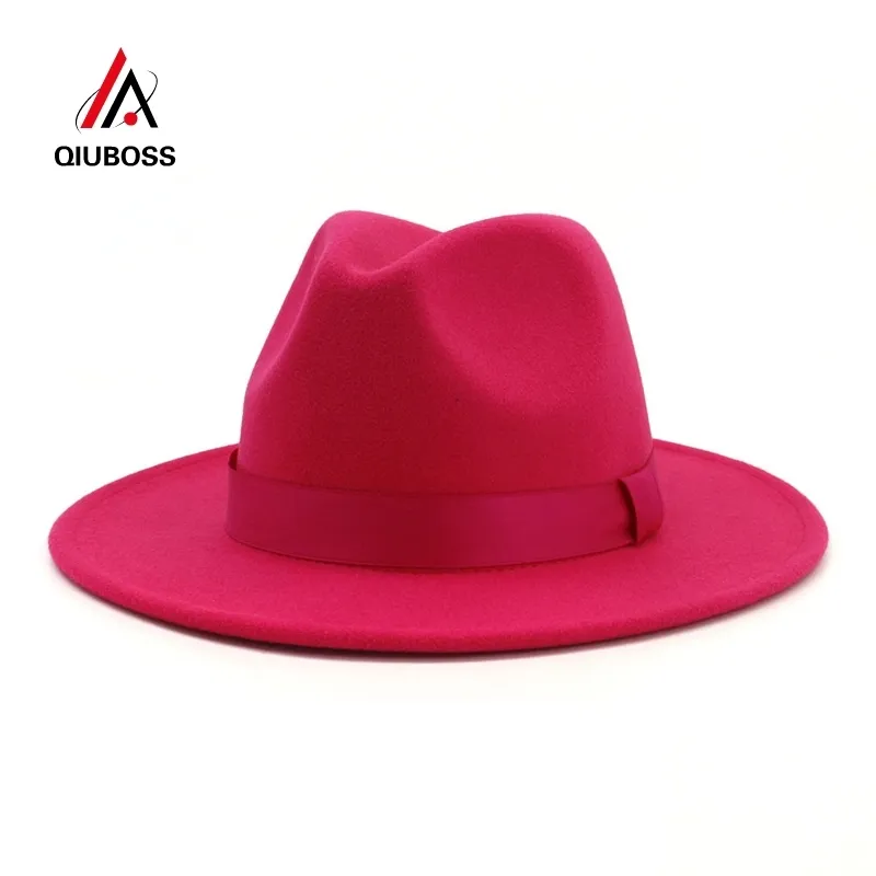 Qiuboss damskie kobiety damskie różowe wełna poczuła jazz fedora hats moda moda Trilby Flat Brim Panama Hat Hat Cap Y200103