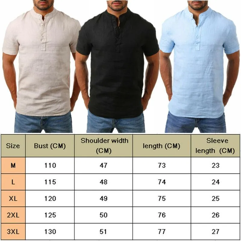 Men's Casual Shirts Slim Fit V Neck Short Sleeve Muscle Tee Shirt Tops Male Top Cotton Linen Solid Clothing224R