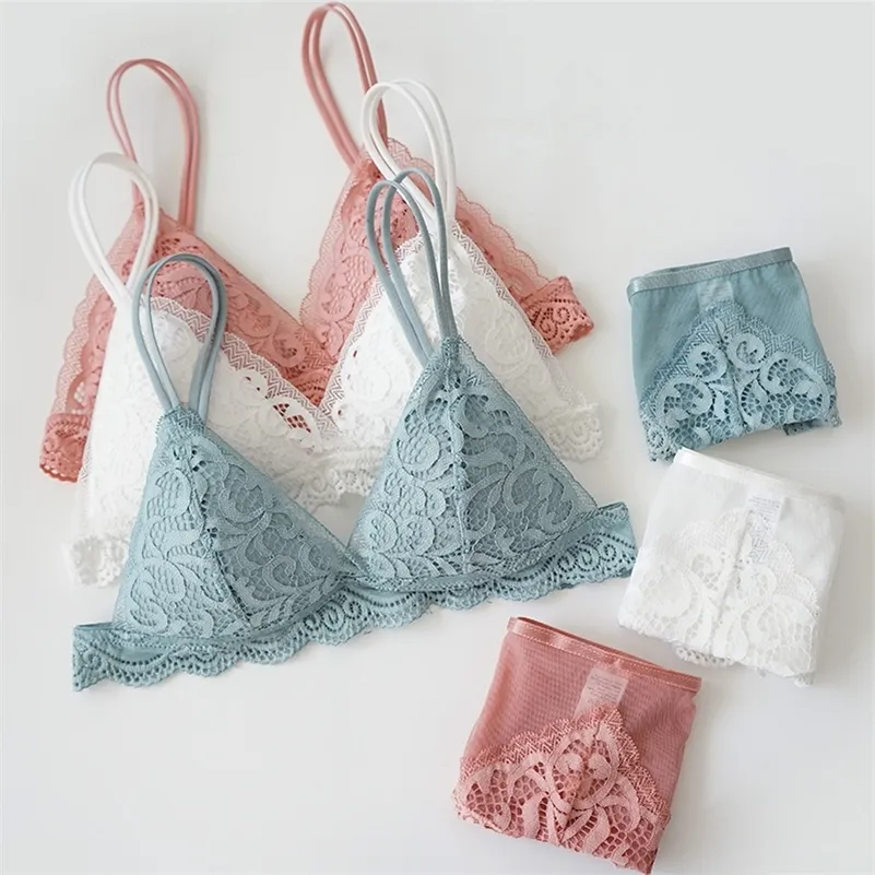 Francês Wirefree Lace Sutiã Set Triângulo Cups Bralette Transparente Laço Pantie Alta-corte Underwear Lingerie Acolchoado Feminino para Fêmea Y200708