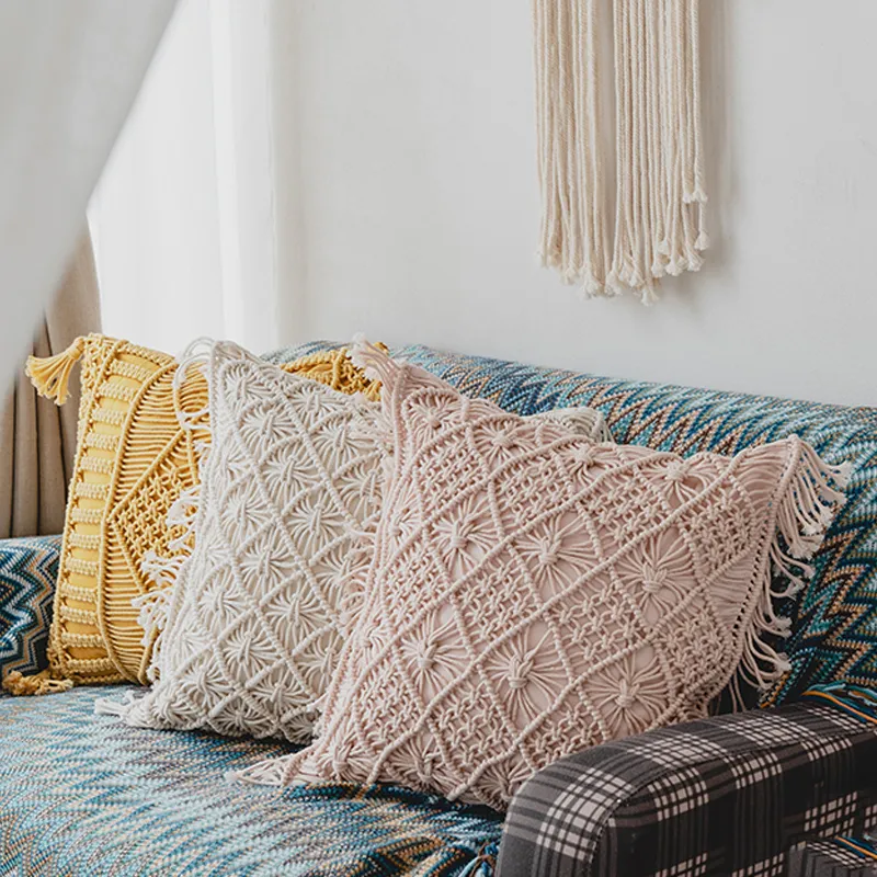 Handmade Boho Macrame Macrame Pillow Cover With Tassels Yellow